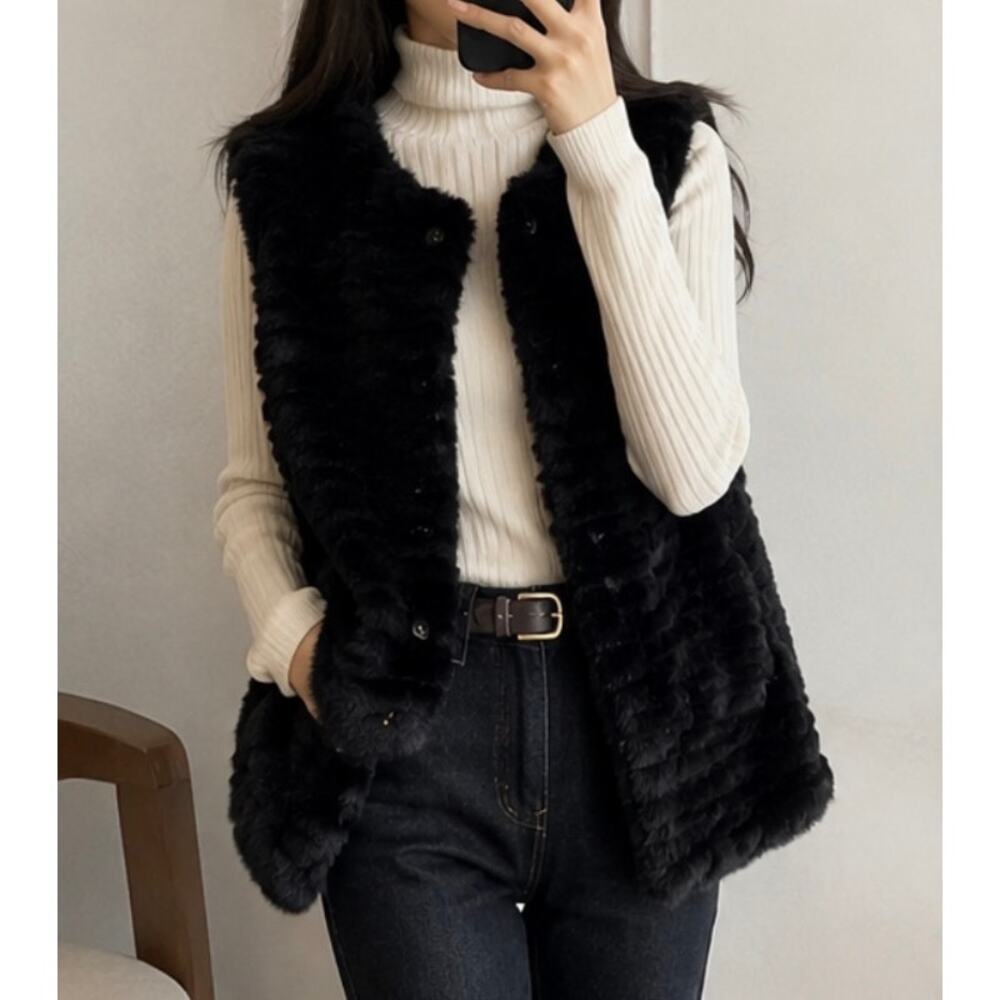 Korean Faux Fur Vest Black Plush Sleeveless Quiet Luxury Coat CLOVIS